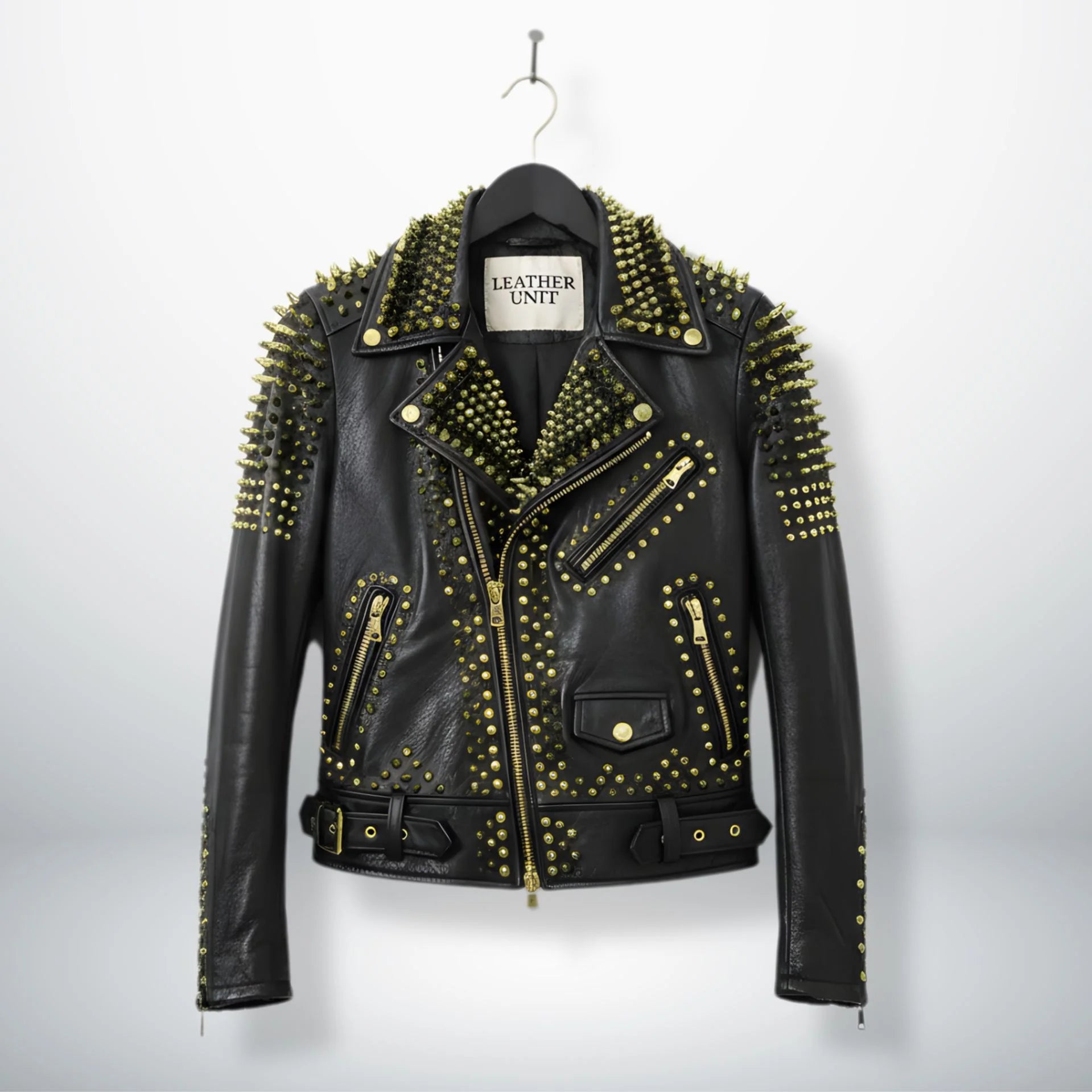 front view of men's black studded leather biker jacket with gold spikes.