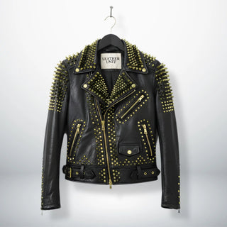 front view of men's black studded leather biker jacket with gold spikes.