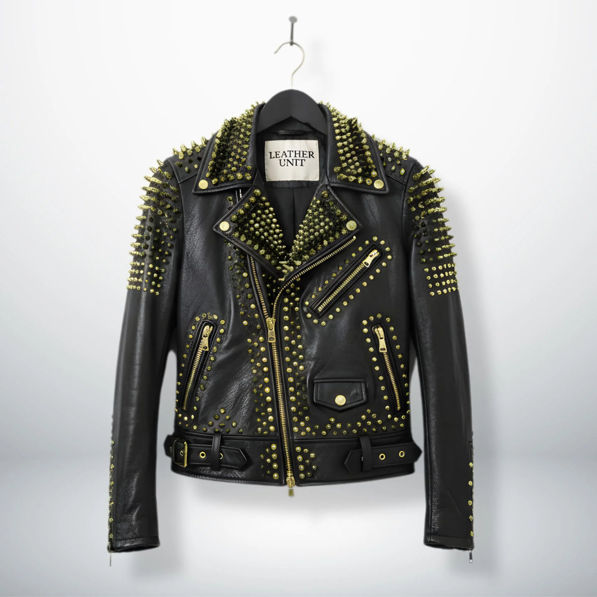 front view of men's black studded leather biker jacket with gold spikes.