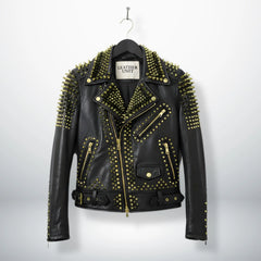 front view of men's black studded leather biker jacket with gold spikes.