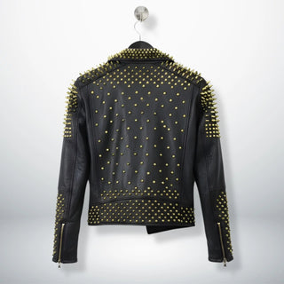 back of men's black leather biker jacket covered in gold studs.