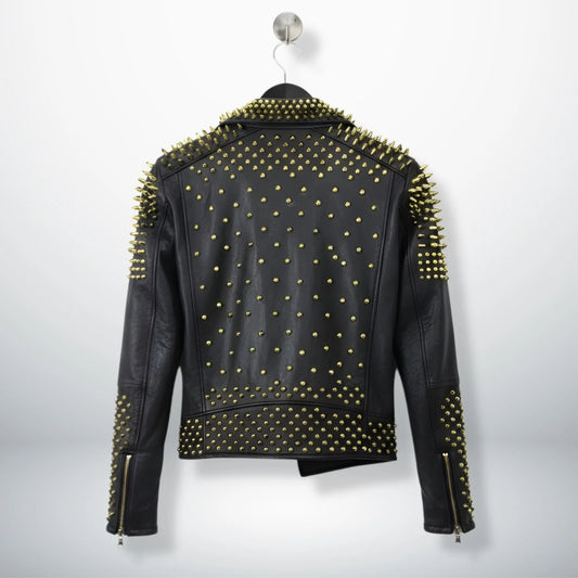 back of men's black leather biker jacket covered in gold studs.