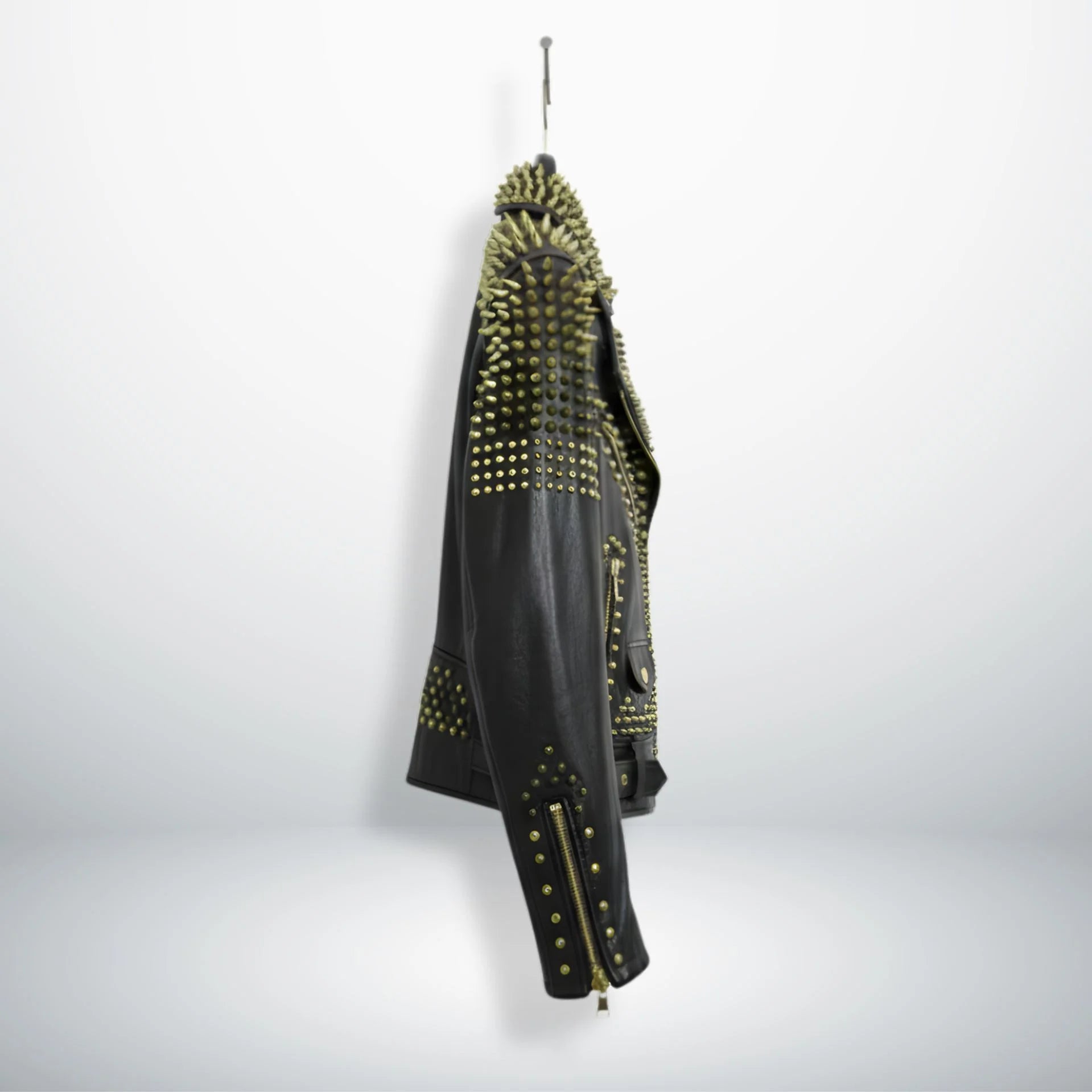 side profile of men's black spike leather biker jacket with studded sleeves.