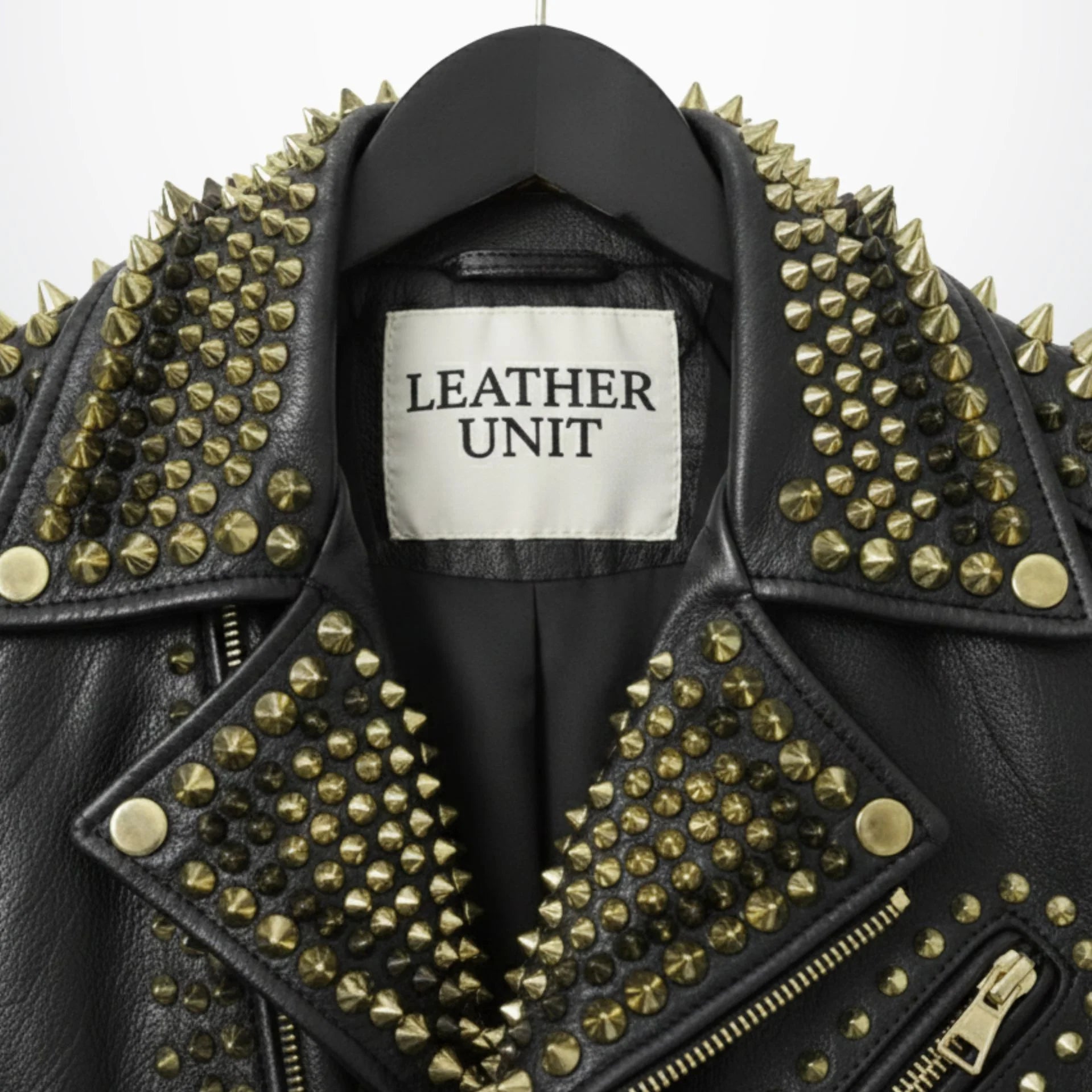 close up of collar and lapel studs on men's black punk leather jacket by Leather Unit.