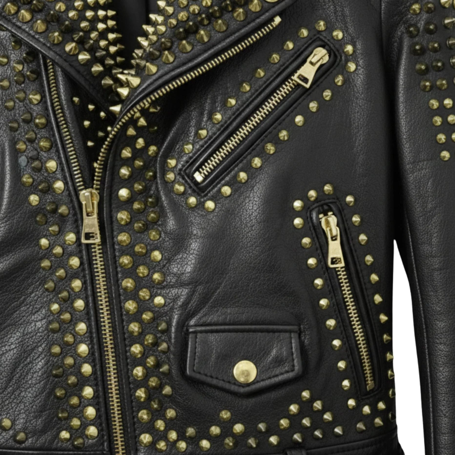 detail of zip pockets and gold studs on men's black studded biker jacket.