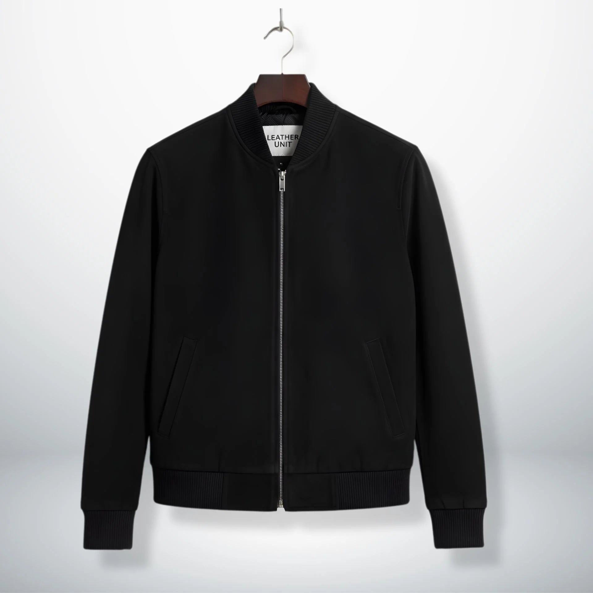 front view mens black suede bomber jacket with zipper by Leather Unit.