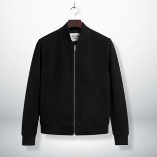 front view mens black suede bomber jacket with zipper by Leather Unit.