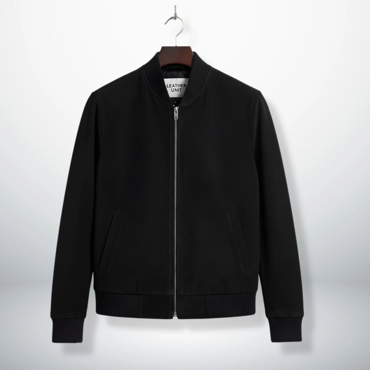 front view mens black suede bomber jacket with zipper by Leather Unit.