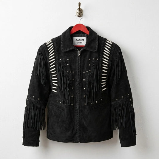 Front view of men's black suede fringe western jacket with bone detailing by Leather Unit.