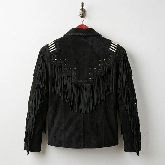 Back view of men's black suede western jacket with long fringe and studs.