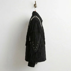 Side profile of men's black suede western jacket with sleeve fringe and bone trim.