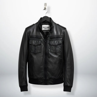 front view mens black trucker bomber leather jacket on hanger by Leather Unit.