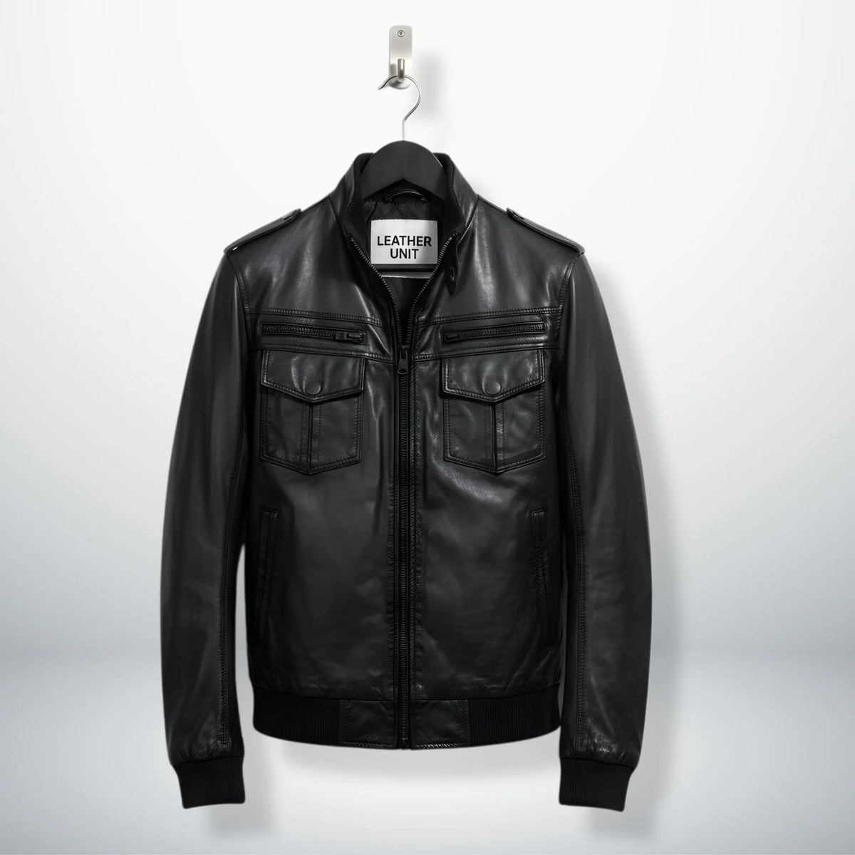 front view mens black trucker bomber leather jacket on hanger by Leather Unit.
