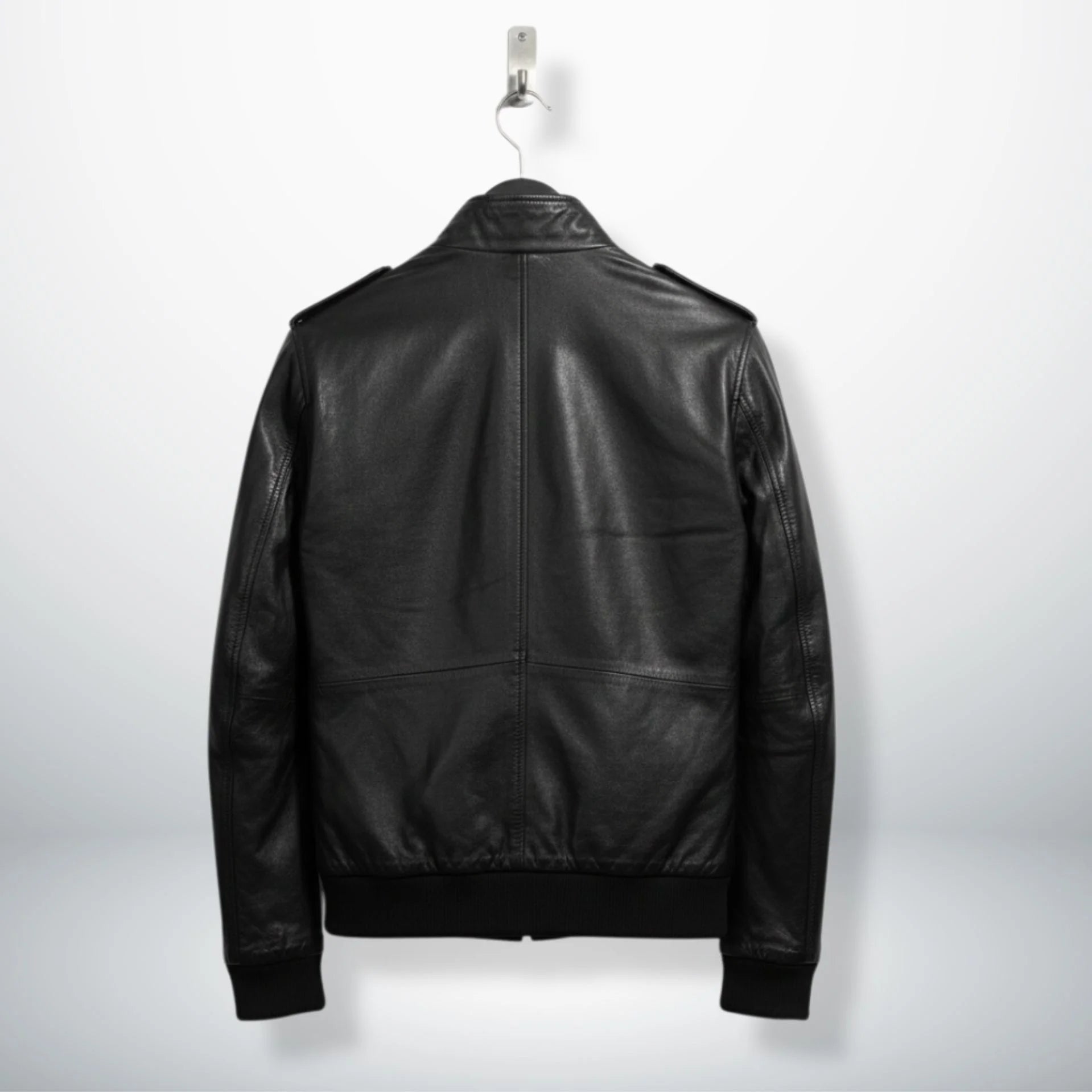 back view mens black genuine leather bomber trucker jacket.