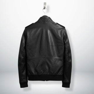 back view mens black genuine leather bomber trucker jacket.