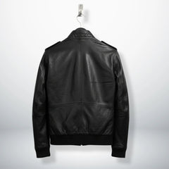 back view mens black genuine leather bomber trucker jacket.