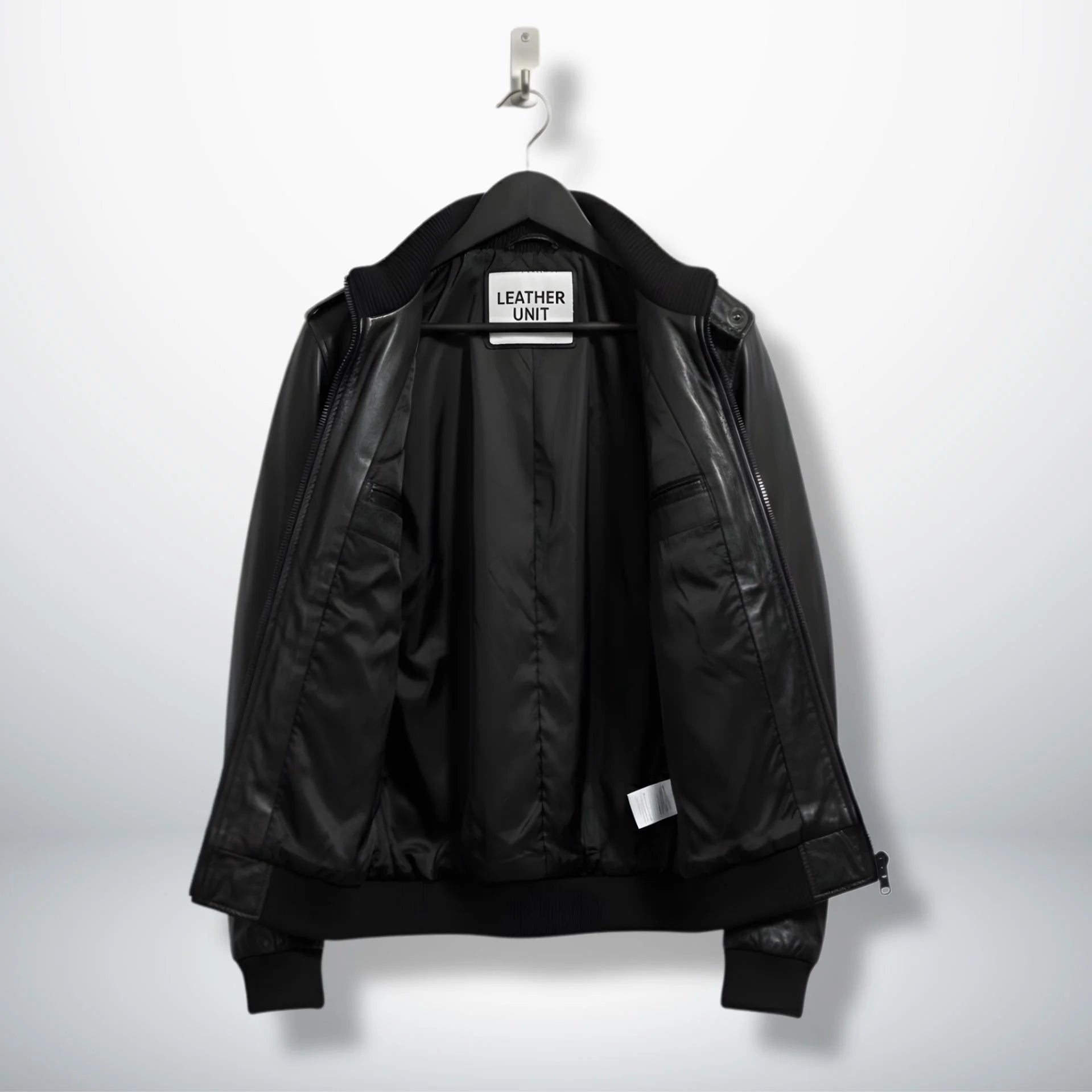 inside view mens black leather bomber jacket with lining and inner pockets.