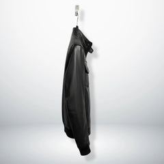 side profile mens black trucker bomber leather jacket hanging.