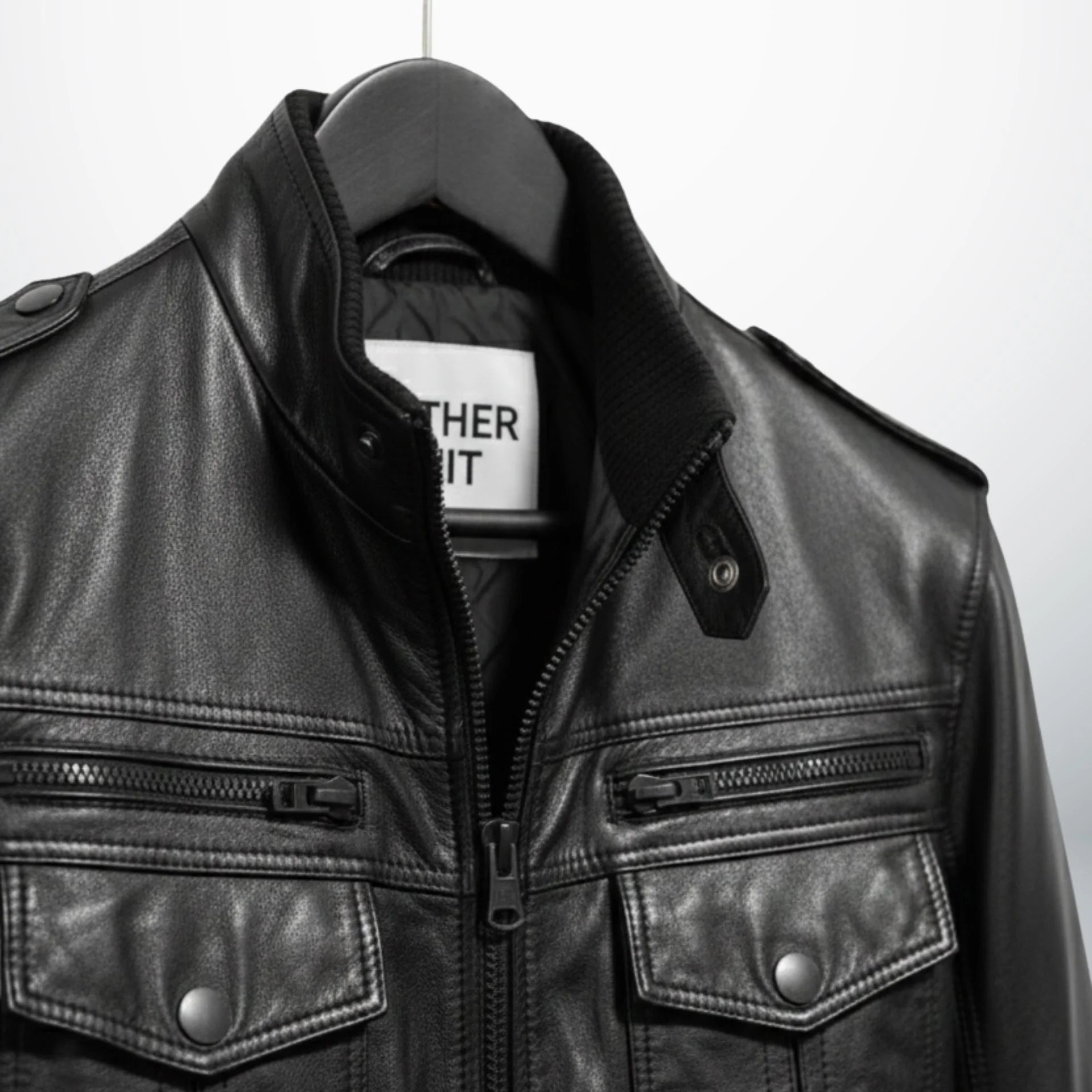 close up stand up collar epaulettes and zipper on mens black leather jacket.