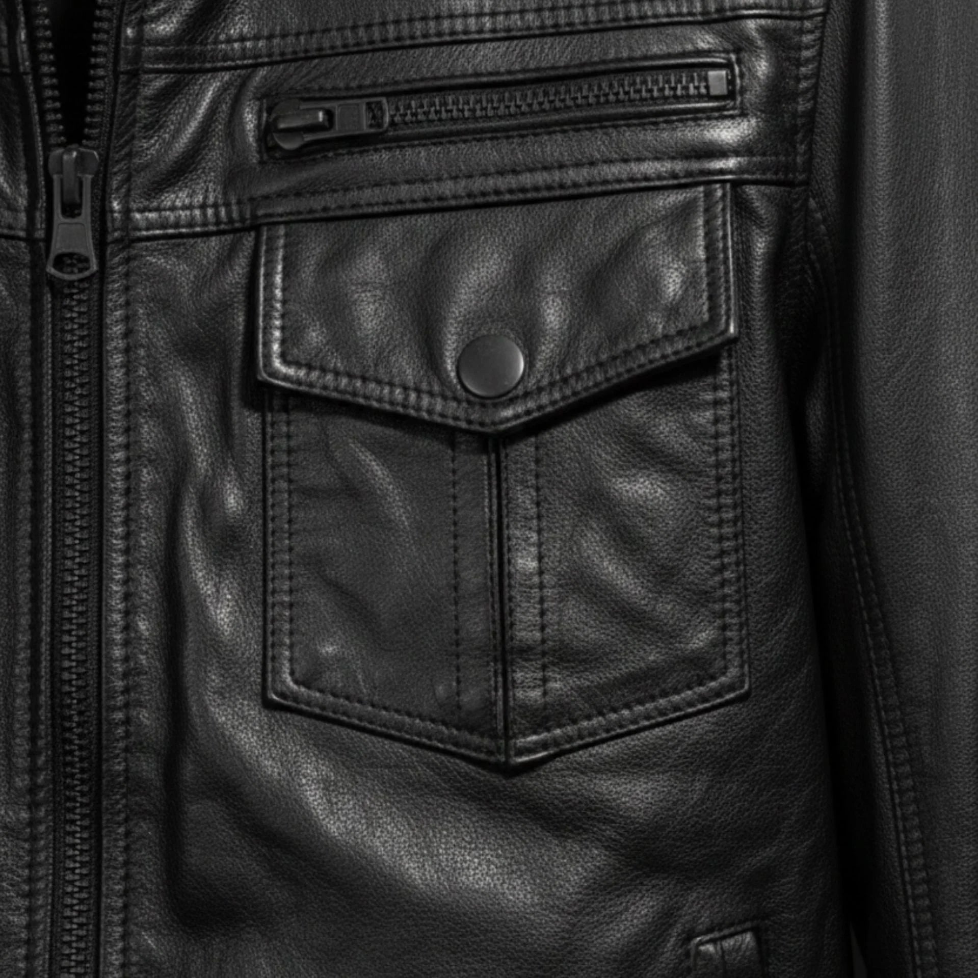 close up chest zip pocket and flap pocket on black trucker leather jacket.