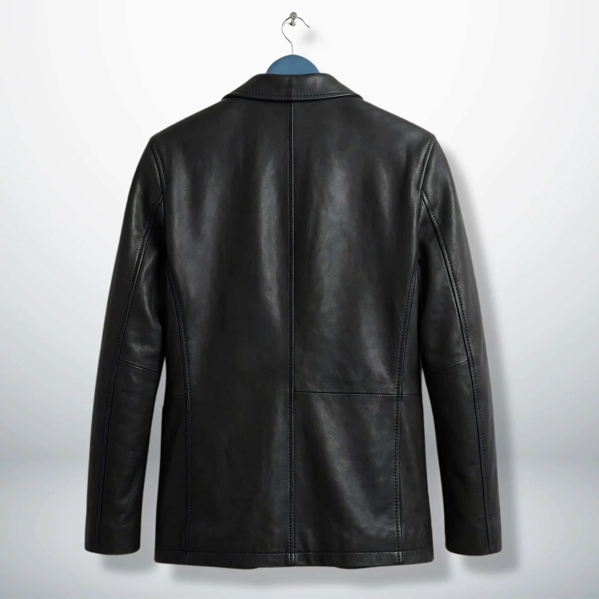 Back view of men’s black leather blazer jacket with center seam