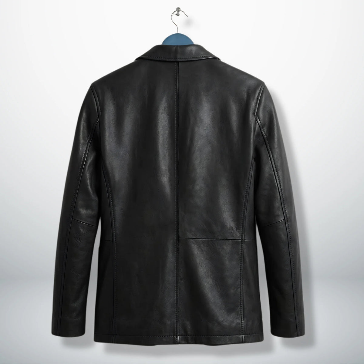 Back view of men’s black leather blazer jacket with center seam