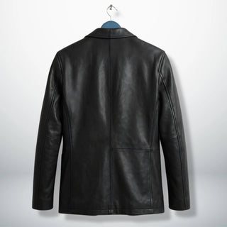Back view of men’s black leather blazer jacket with center seam