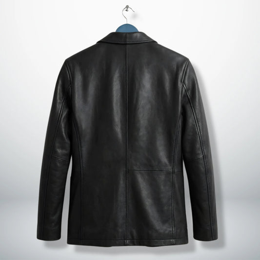 Back view of men’s black leather blazer jacket with center seam