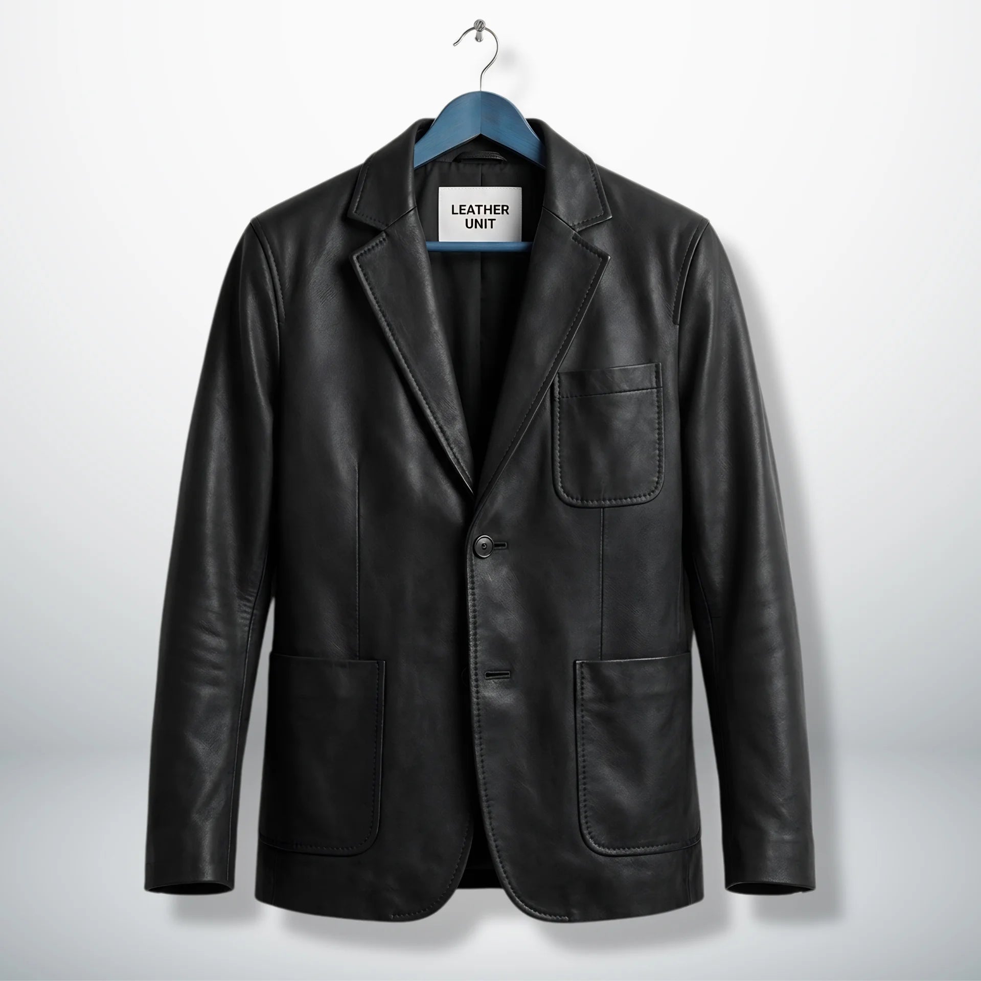 Front view of men’s black two button leather blazer by Leather Unit
