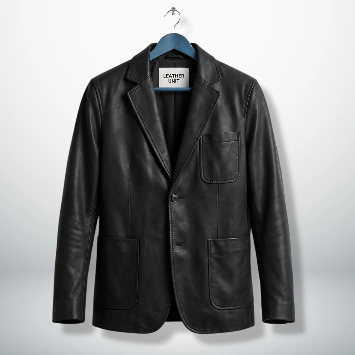 Front view of men’s black two button leather blazer by Leather Unit