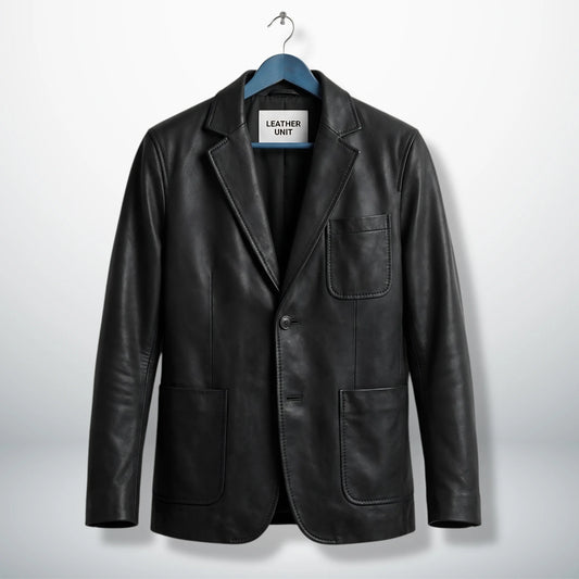 Front view of men’s black two button leather blazer by Leather Unit