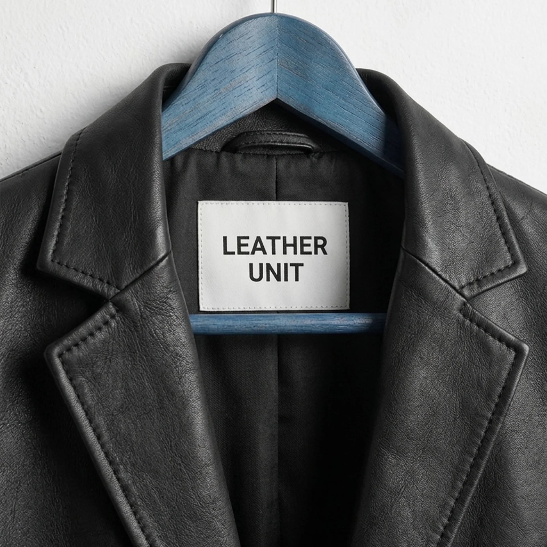Close up of notch lapel and Leather Unit label on black leather blazer