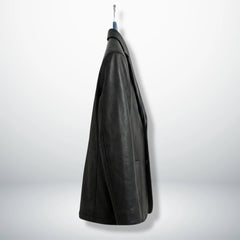 Side profile of men’s black notch lapel leather blazer