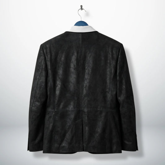 Back view of men’s black leather blazer jacket with tailored seams