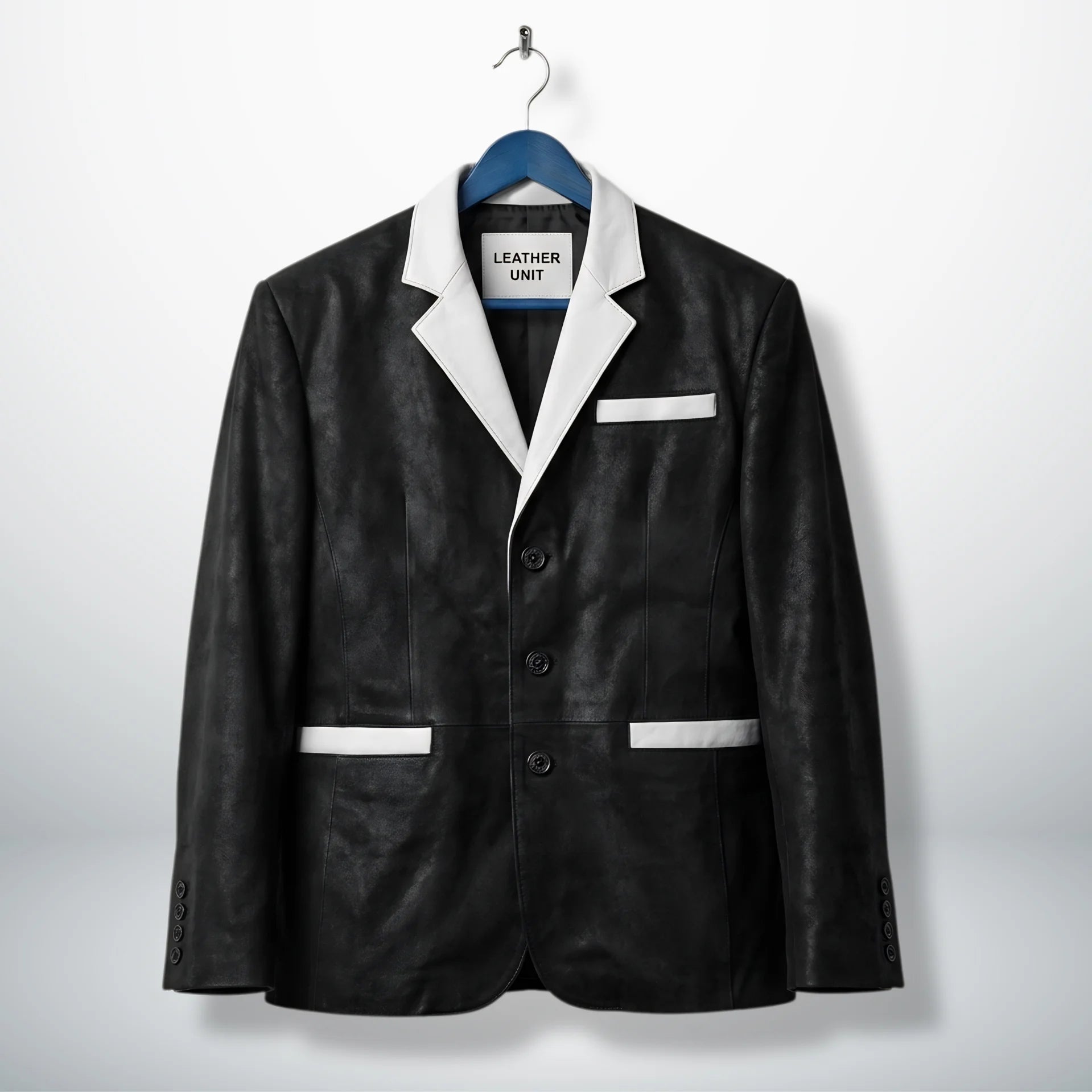Front view of men’s black and white 3 button leather blazer by Leather Unit