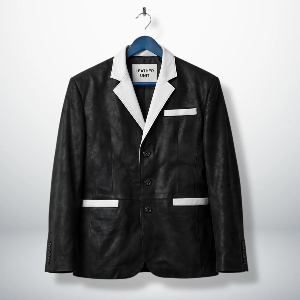Front view of men’s black and white 3 button leather blazer by Leather Unit