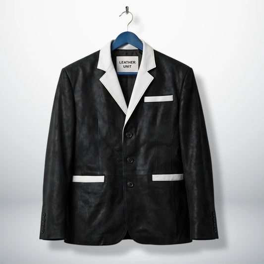 Front view of men’s black and white 3 button leather blazer by Leather Unit