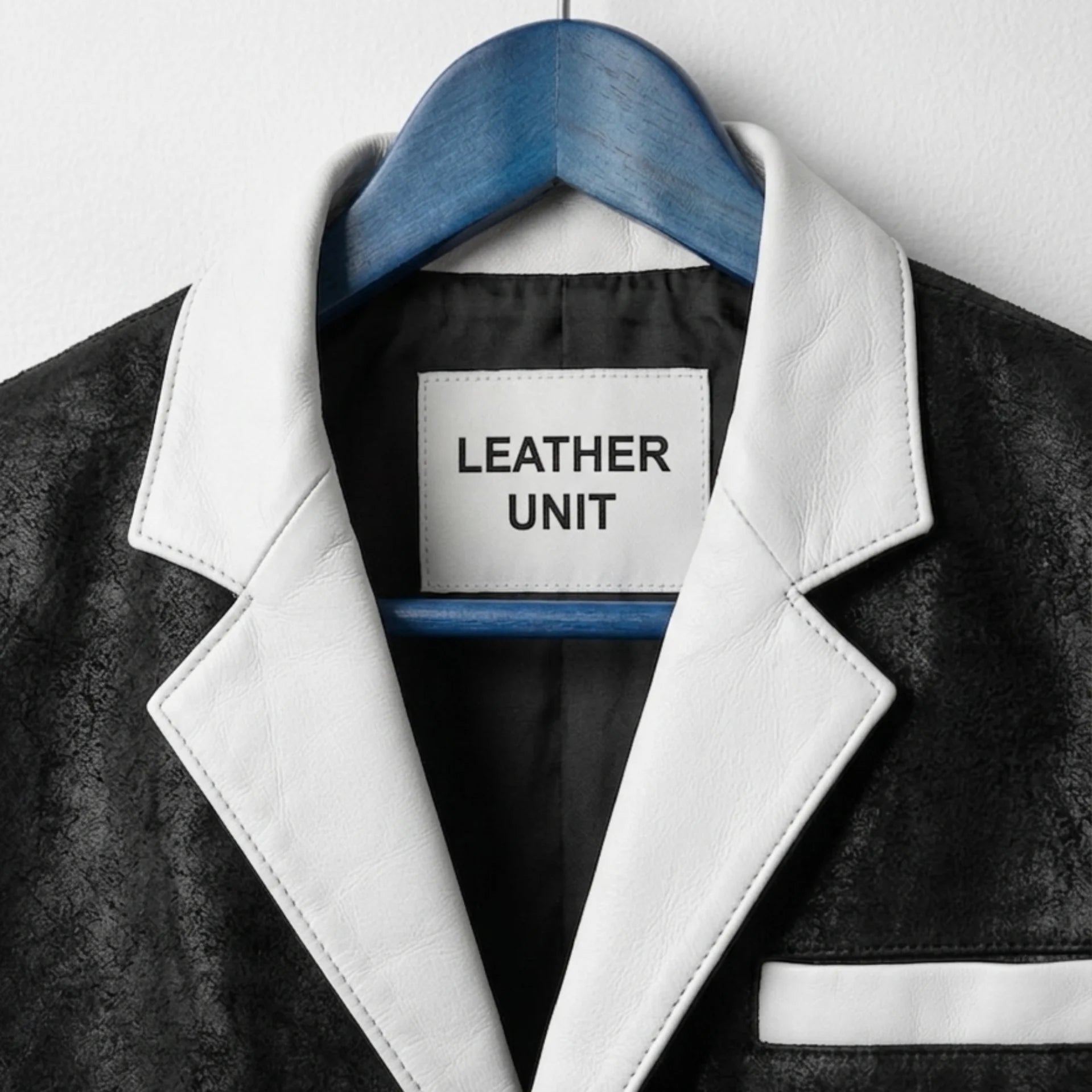 Close up of white notch lapel and Leather Unit label on black leather blazer