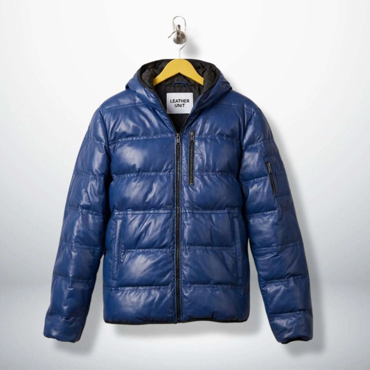 Men's Blue Hooded Leather Puffer Jacket Real Sheepskin by Leather Unit