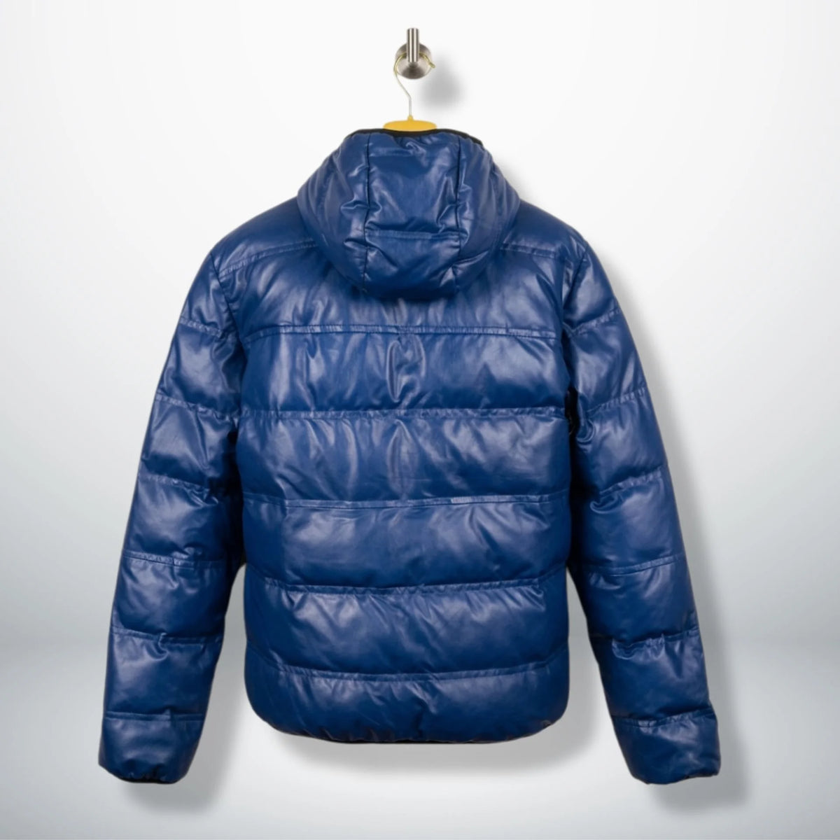 Back view of Men's Blue Hooded Real Leather Puffer Jacket by Leather Unit