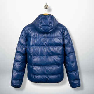 Back view of Men's Blue Hooded Real Leather Puffer Jacket by Leather Unit