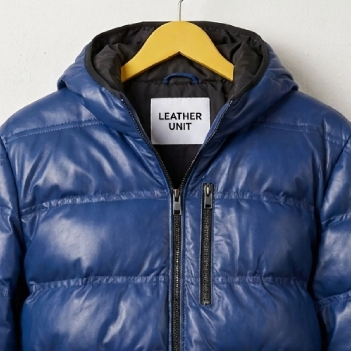 Hood and collar close-up of Leather Unit men's blue leather puffer jacket