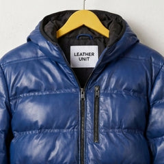 Hood and collar close-up of Leather Unit men's blue leather puffer jacket