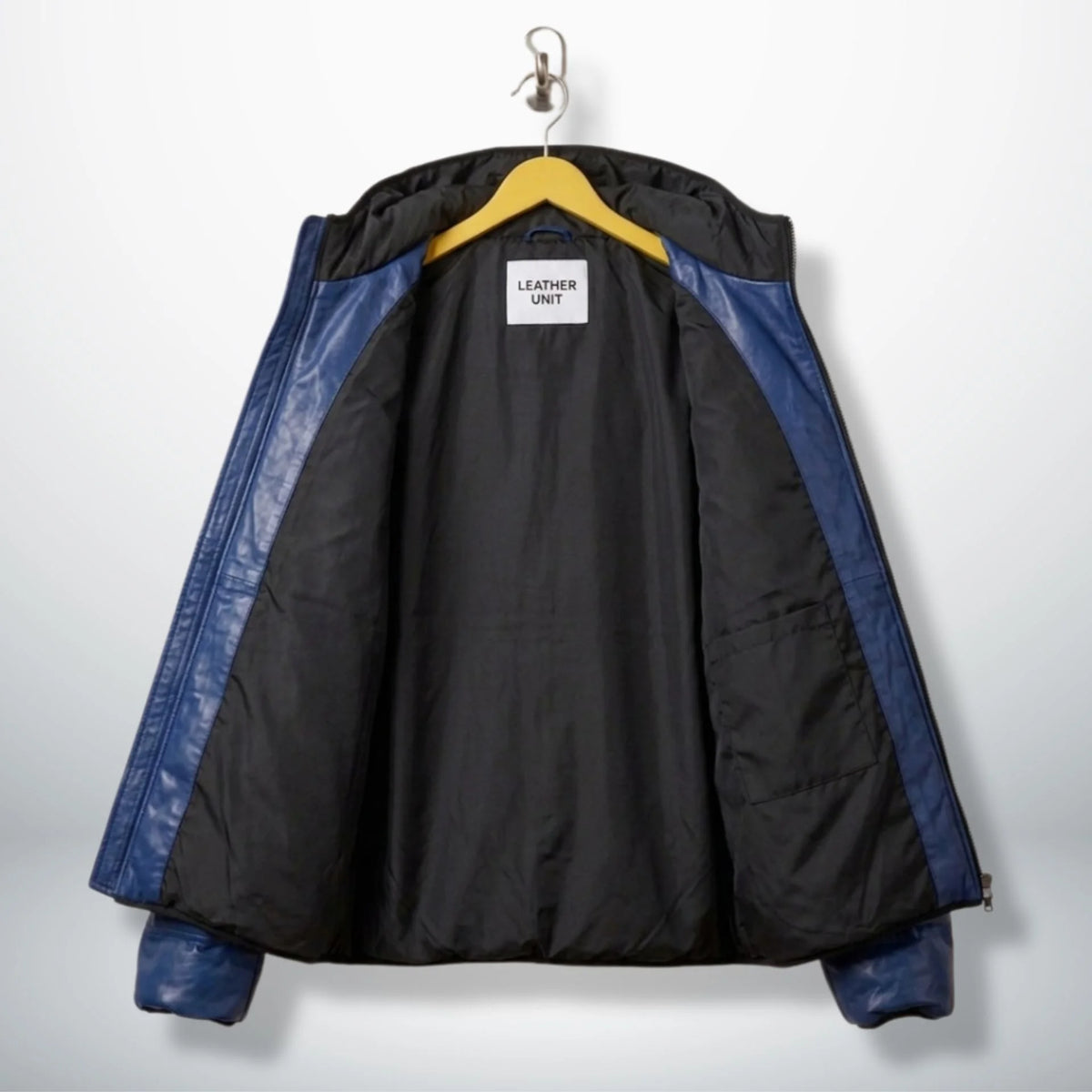 Interior lining and hood detail of Leather Unit blue sheepskin puffer jacket