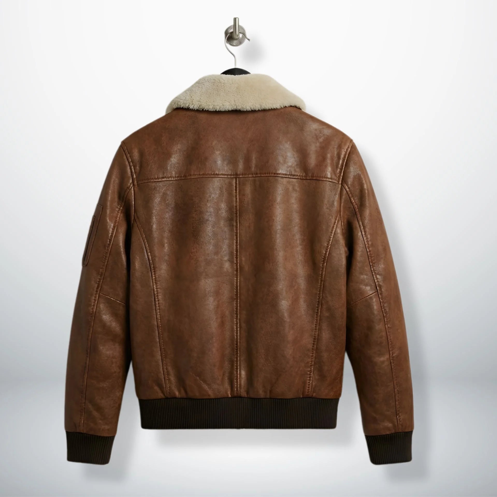 back view men's brown genuine leather bomber jacket.