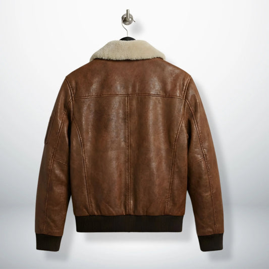 back view men's brown genuine leather bomber jacket.