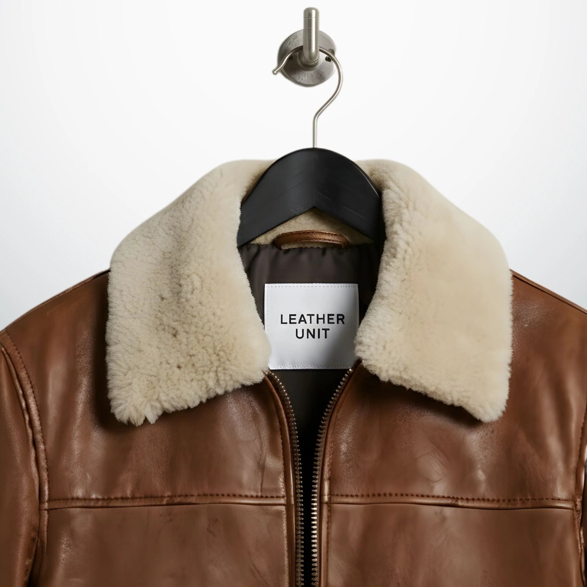inner lining of men's brown bomber leather jacket with interior pocket.