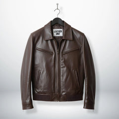 front view mens brown bomber leather jacket with shirt collar by Leather Unit.
