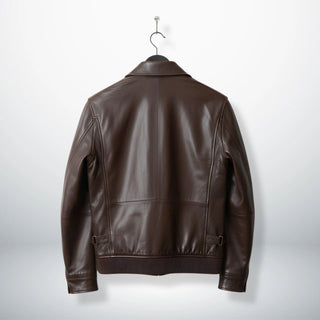 back view mens brown genuine leather bomber jacket.