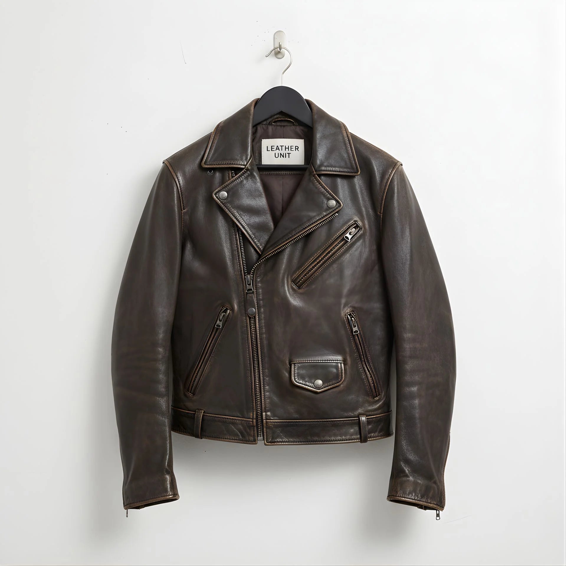 front view mens vintage brown cowhide leather biker motorcycle jacket by Leather Unit.